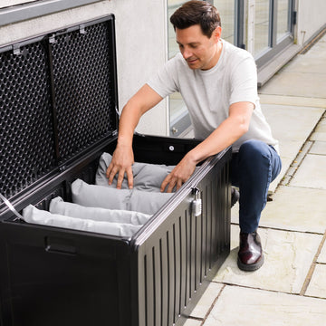 Olsen & Smith 270L MASSIVE Capacity Outdoor Garden Storage Box With Padlock Plastic Shed - Weatherproof & Sit On with Wood Effect Chest (270 Litre, Black)